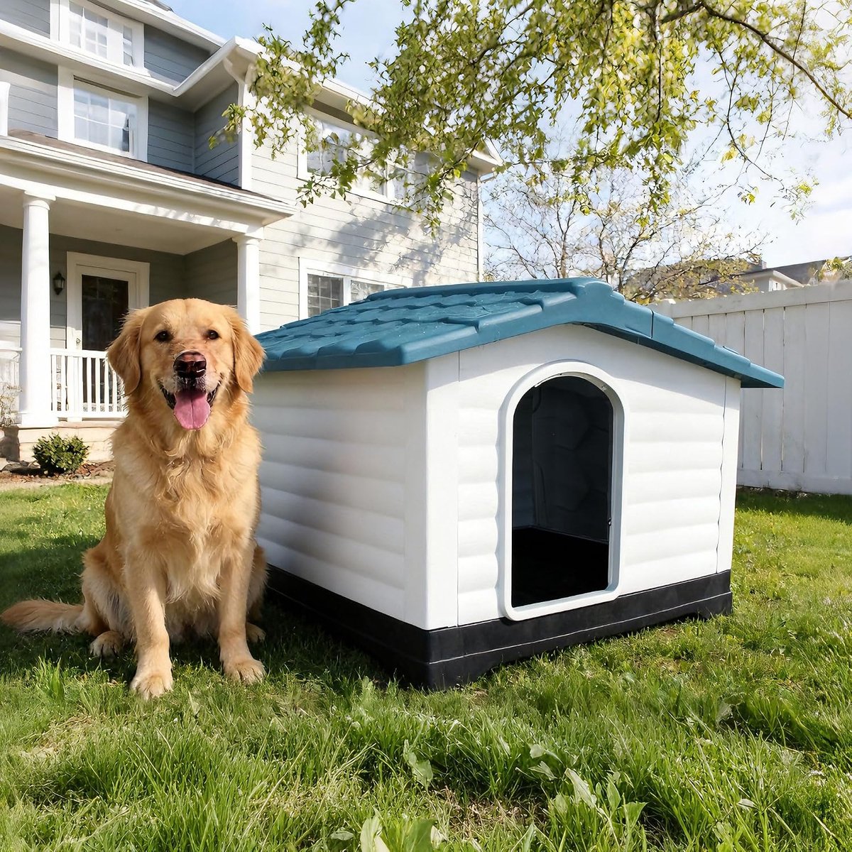 Kunststof Hondenhok voor Kleine tot Middelgrote Honden - Weerbestendig Hondenhuisje voor Buiten & Binnen - Met 2 Deuren, Verhoogde Vloer & Ventilatie - 80 x 56 x 66 cm - Blauw