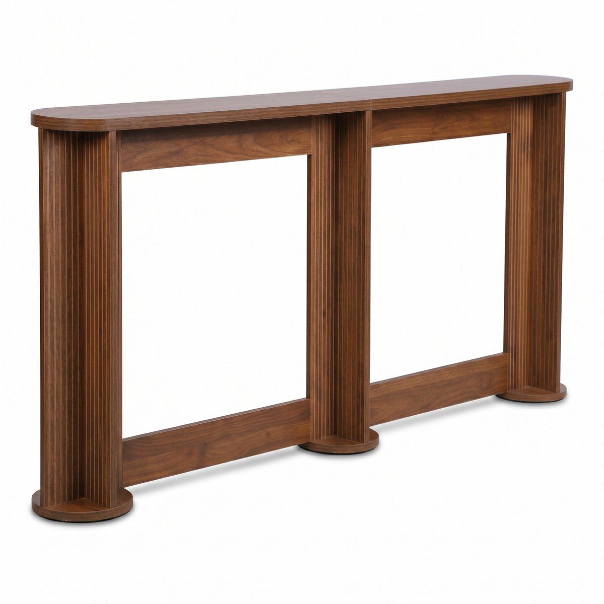 SensaHome Japandi Consoletafel – Sidetable met Geribbelde Kolomvoeten – Ovaal Tafelblad – 180x20x80 cm – Walnoot
