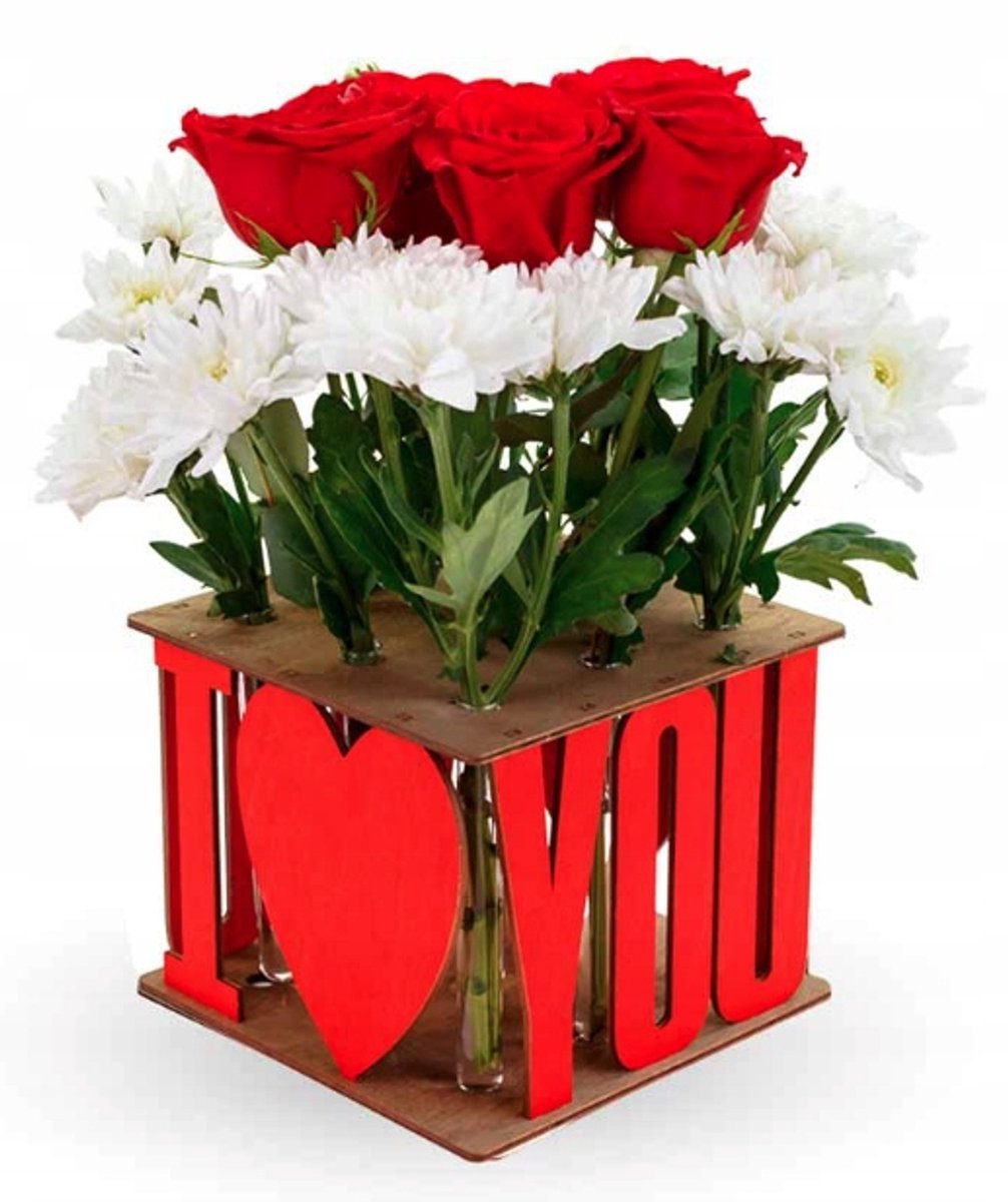 Houten 3D Puzzel Vaas 'I Love You' met Bloemen - DIY Decoratie