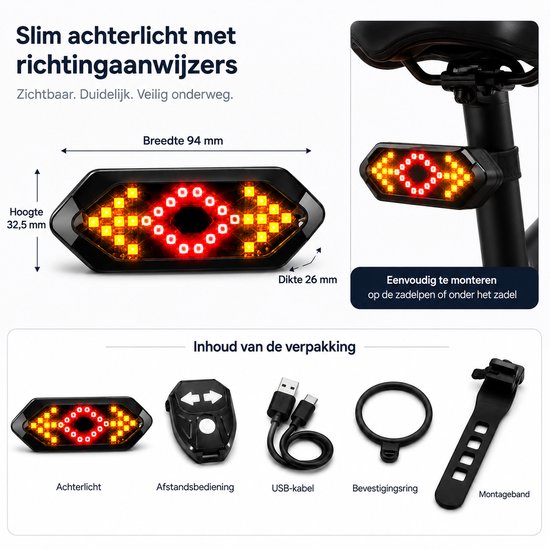 Fiets Richtingaanwijzer - Fietsverlichting met Knipperlicht - 900mAh USB Oplaadbaar - Waterbestendig - Stuurmontage - 120dB Claxon - Met Afstandsbediening van Fiets. — afbeelding 2