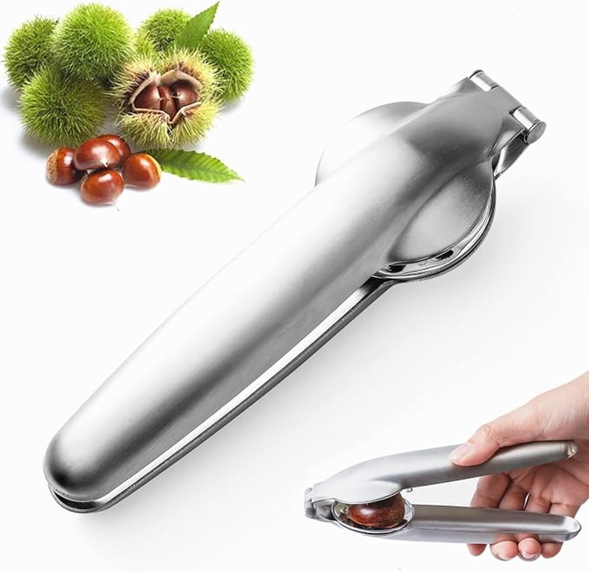 1 stuk-Notenkraker-notenkraker walnoten-Kastanjeclip-notenopener -Kastanje-Tang-antislip handgrepen-Notenkraker Voor Kastanjes-Keukengerei-geschikt voor walnoten, hazelnoten, noten, amandelen, zeevruchten-Zilver-Roestvrij staal