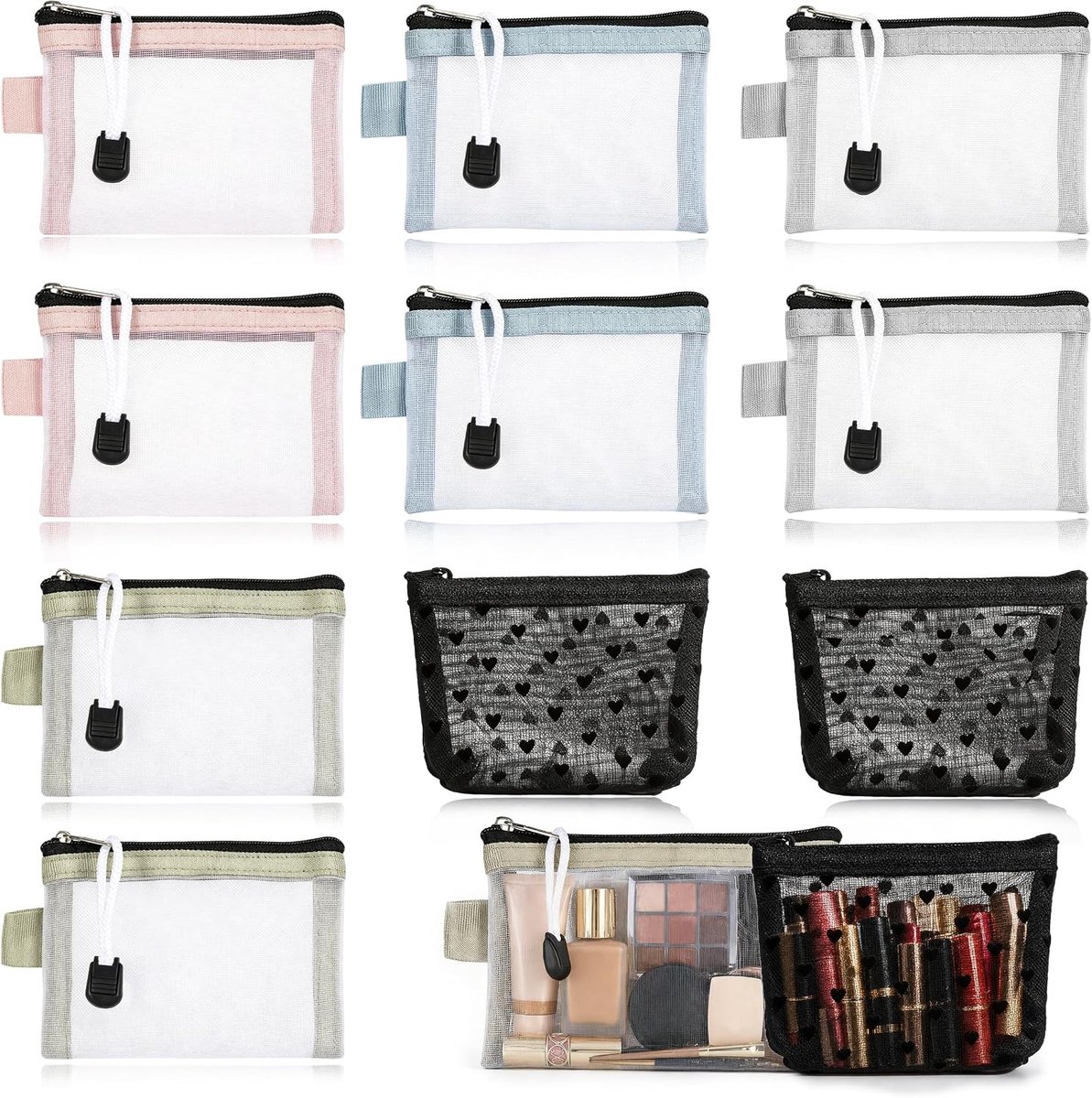 10 Mini Mesh Pockets with Zipper, Transparencies Mesh Makeup Bag, Zipper Makeup Bags Small Cosmetic Bags for Keys - ShopVlot
