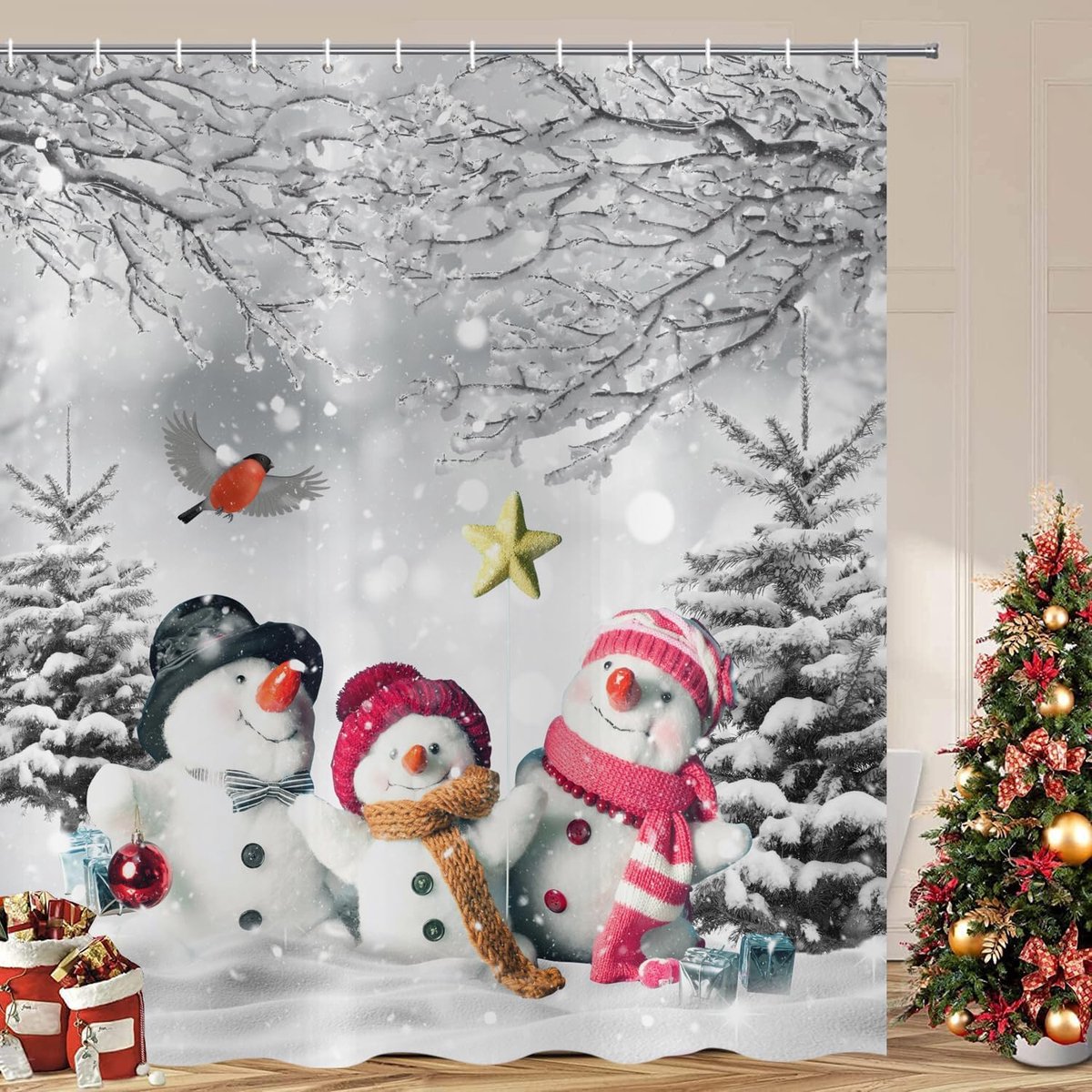 Christmas Shower Curtain, 180x200cm, Winter Cute Snowman Christmas Tree Bird Grey Washable Bath Shower Curtain - ShopVlot