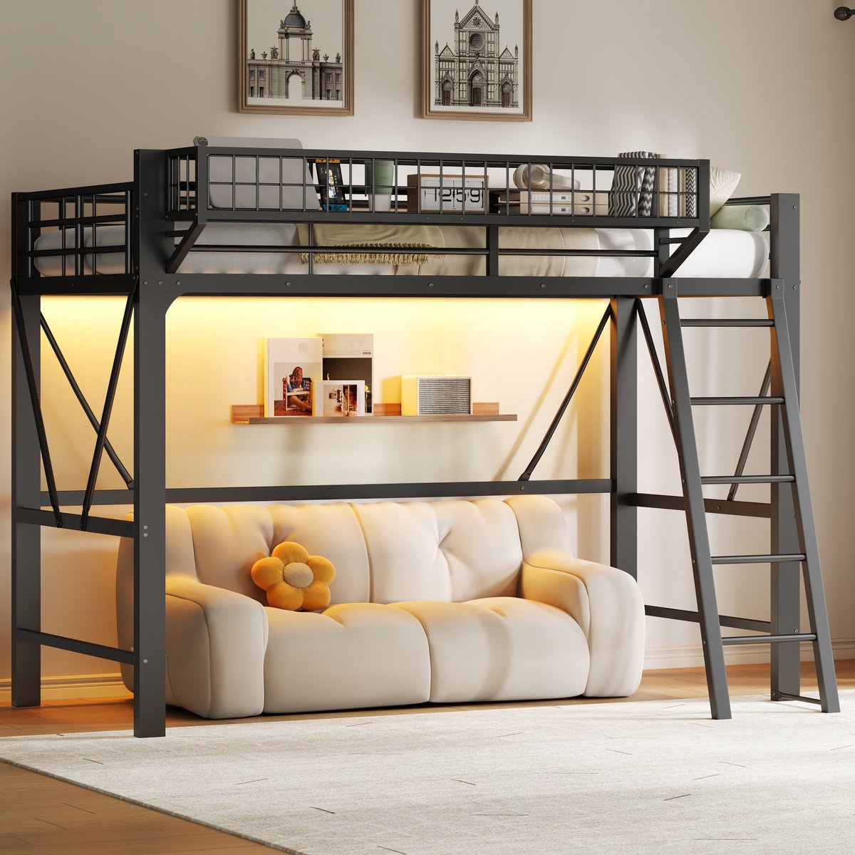 Hoogslaper - 90 x 200 cm - 1-persoons - met bureau - met opbergruimte - met LED-verlichting - met trap - Zwart