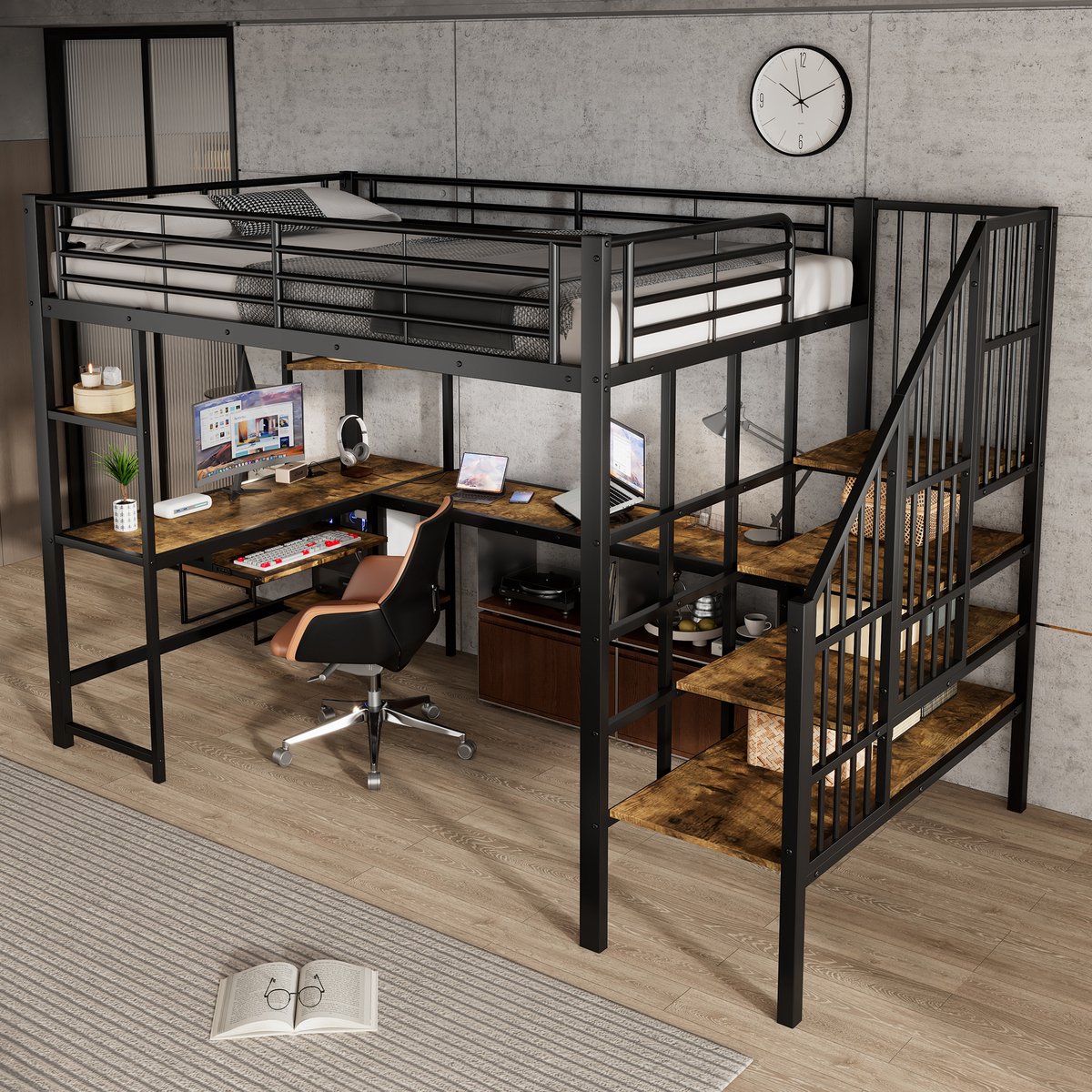 Hoogslaper - 120 x 200 cm - 1-persoons - met bureau - met opbergruimte - met trap - Zwart en Donker walnoot
