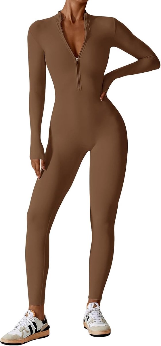 Ecupper Jumpsuits Women Yoga Bodycon One-Piece Zip Up Overall Rompers Long Sleeve Workout Outfit - ShopVlot
