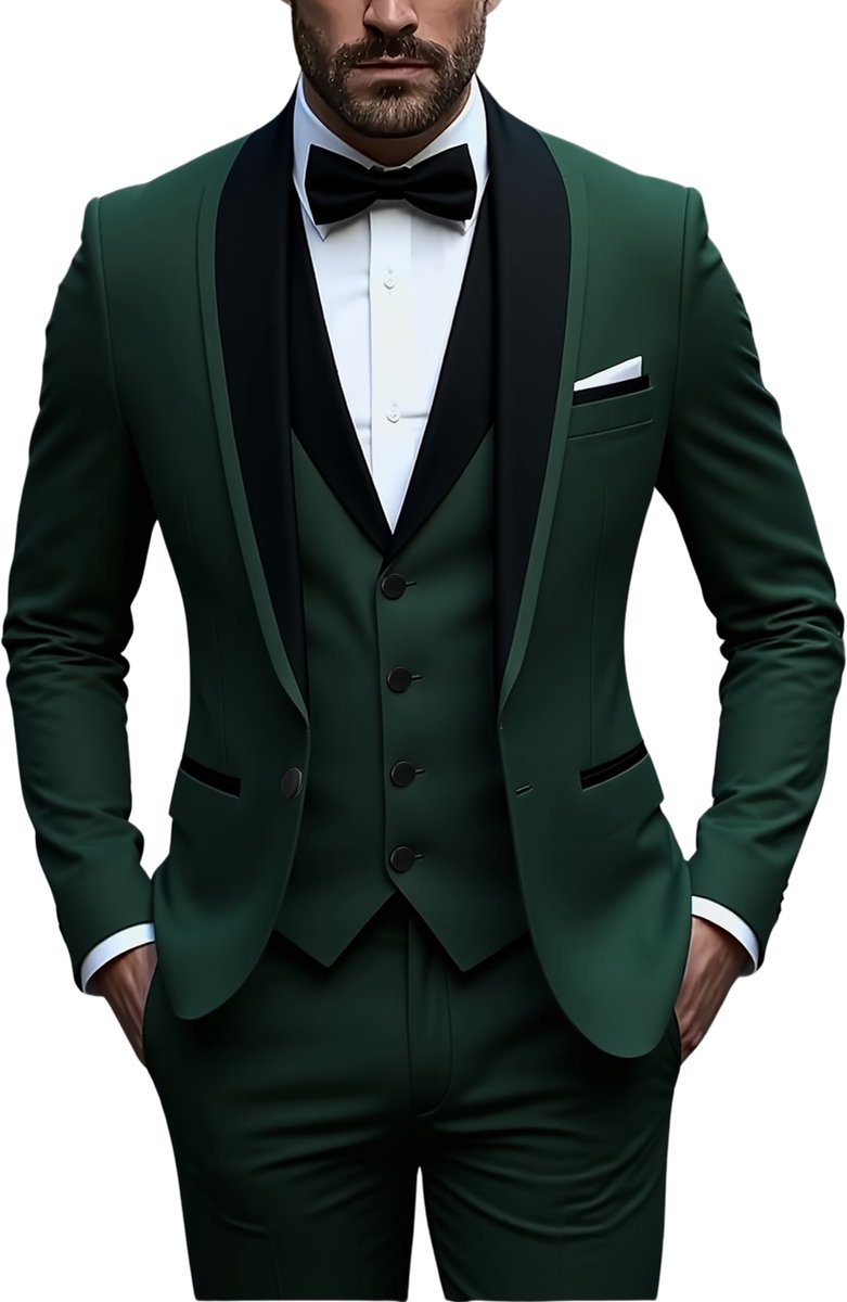Currero 3 Delig Herenpak Met Overhemd Suit 2 Delig Tailored Fit Kostuum Business Pak Trouwpak Smoking Tuxedo Stijl Bruiloft Kantoor & Feest Militair Groen
