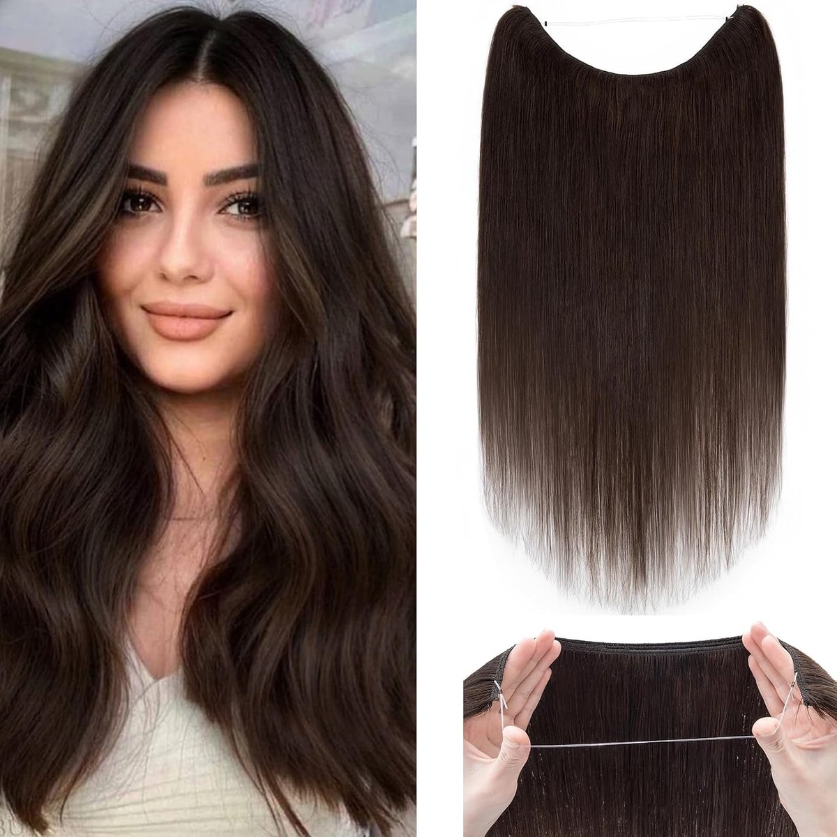 Haarextensions echte haar 50cm - 7A echt mensenhaar - donkerbruin - eenvoudig te dragen - ShopVlot