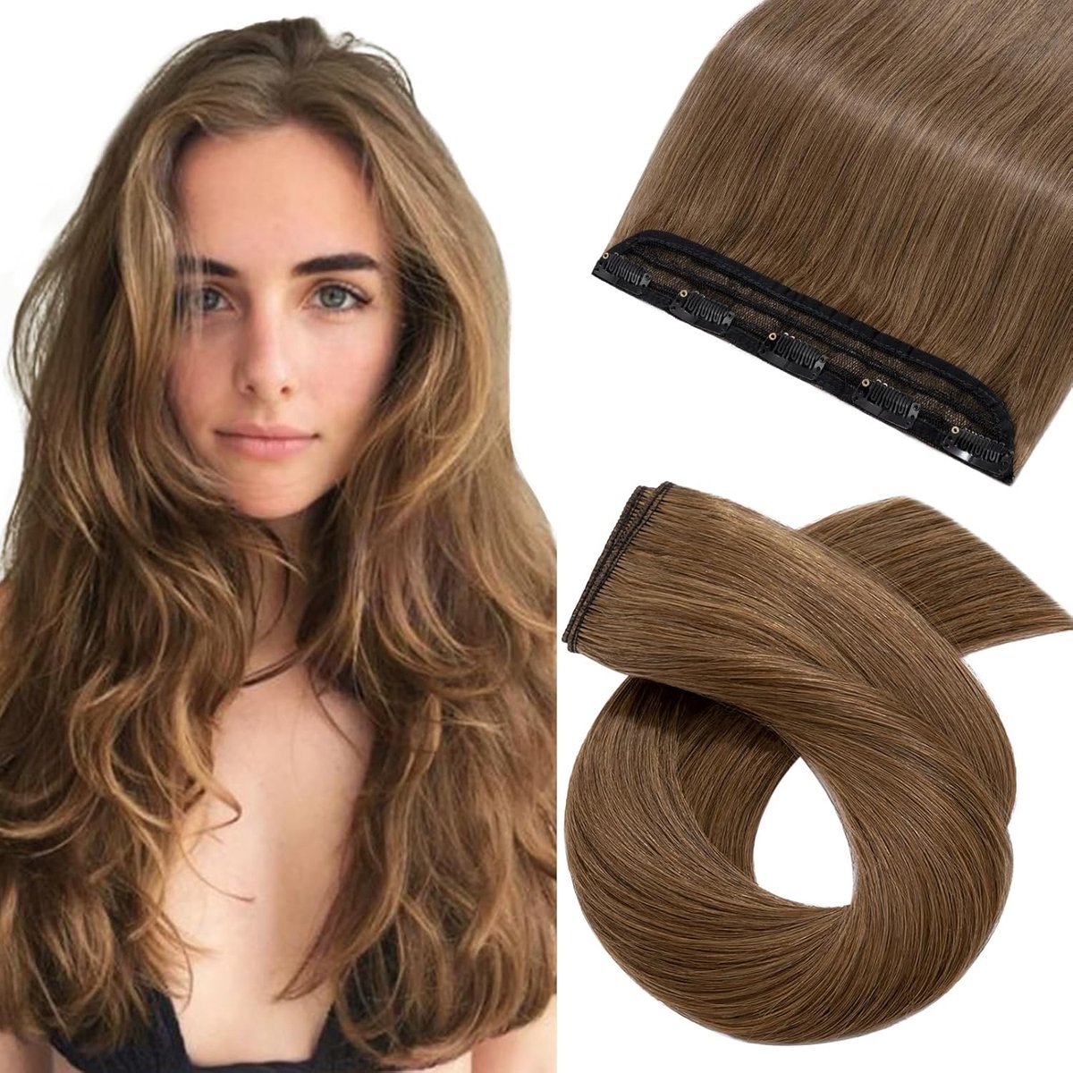Clip-In Haarextensions 55 cm - Remy Echte Haar - Lichtbruin - Gemakkelijk te bevestigen - ShopVlot