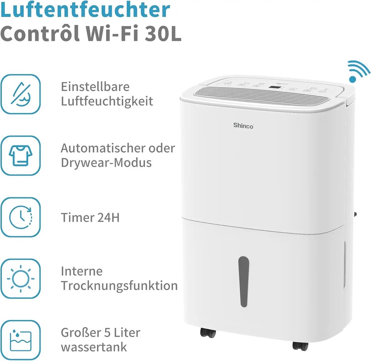 Wentinkmo Shinco 30L - Elektrische Luchtontvochtiger voor 105m3 - Automatische herstart