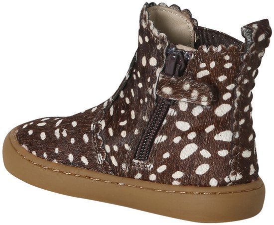 Bruine laars met witte spikkelprint, ritssluiting en bruine zool.