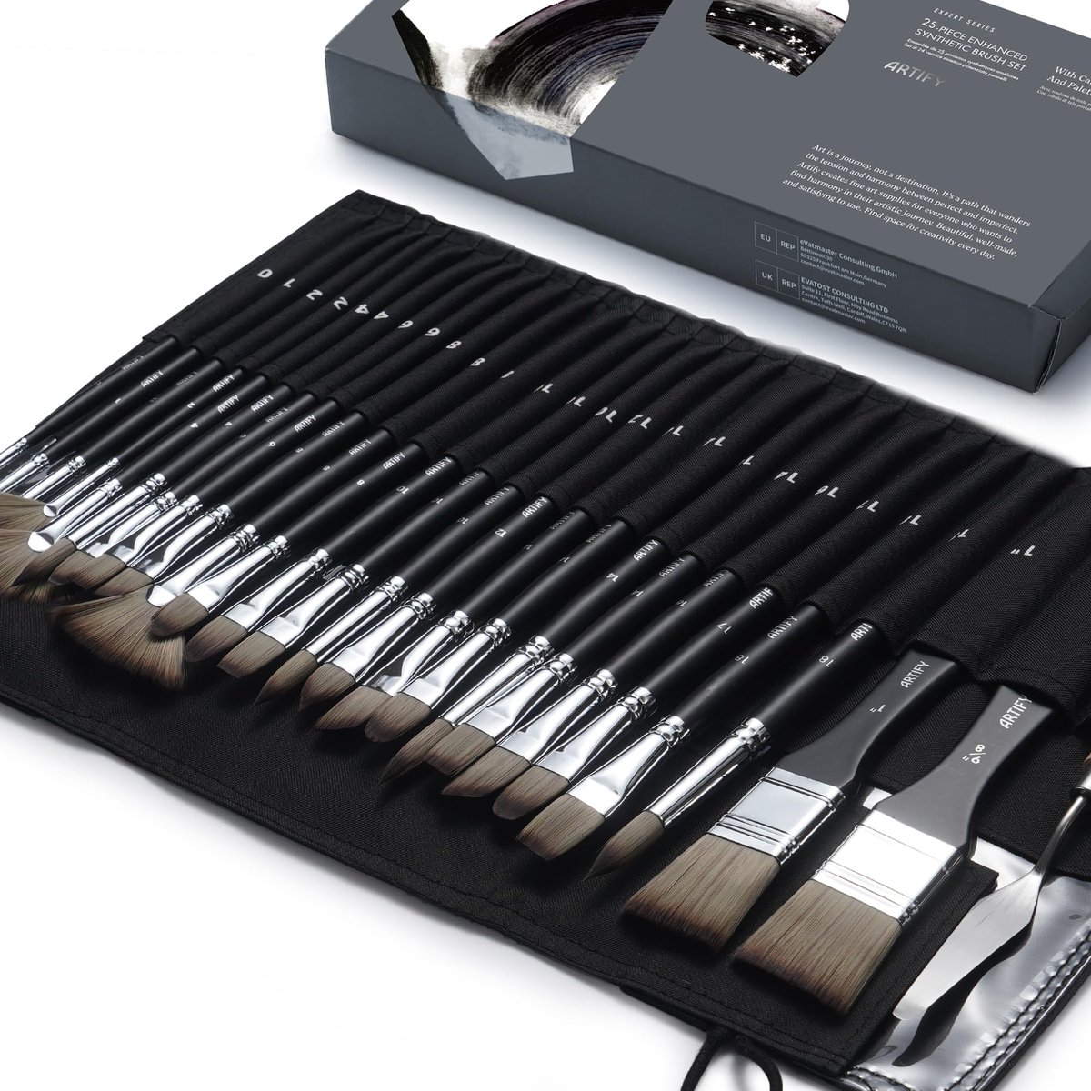 Famanu – 24-delige penseelset, geavanceerde synthetische kwasten met canvasrol en palet voor acryl, olie en aquarel