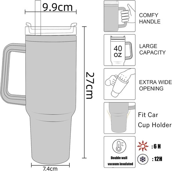Geïsoleerde beker - Rietjesbeker - Waterfles voor in de auto - Geïsoleerde roestvrijstalen beker - Dubbelwandig vacuümontwerp - Geschikt voor warme en koude dranken - Met handvat - Voor kantoor, auto, thuis, op reis (1,2 liter - Lichtpaars) — afbeelding 2