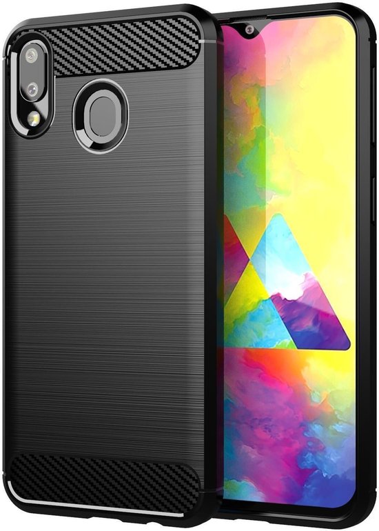 Cadorabo Hoesje geschikt voor Samsung Galaxy A10e / A20e in Brushed Zwart - Beschermhoes van flexibel TPU siliconen in roestvrij staal-carbonvezel look Case Cover