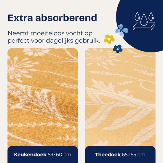Torchons jaunes avec motif floral (53x60cm) et torchons à thé avec motif floral (65x65cm).