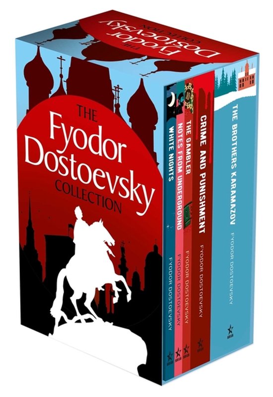 Box met de Fyodor Dostoevsky Collection, met opdruk van een ruiter te paard en Russische kerken. De titels van de boeken zijn zichtbaar.