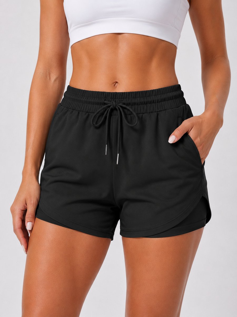 SparkNine Zipflex short dames - tweedelig - met binnenbroek & ritszakken - L - zwart - hardloopshort - elastische taille met trekkoord