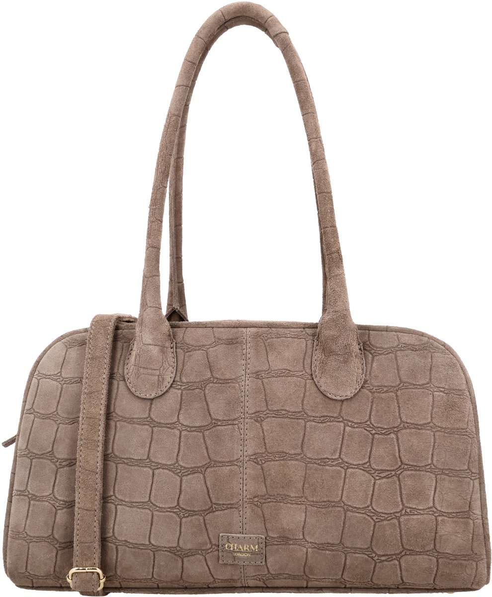 Charm London Cairo Schoudertas - Echt Suède - Crocoprint - Verstelbare Schouderband - Dames Tas - Telefoonvak - Shopper - Crossbody - Leren Dames Tas - Donkertaupe