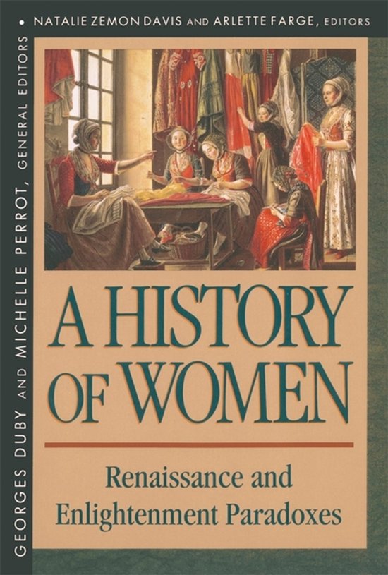 Couverture de livre avec une peinture de femmes dans une boutique, comprenant le titre 'A HISTORY OF WOMEN' et des sous-titres.