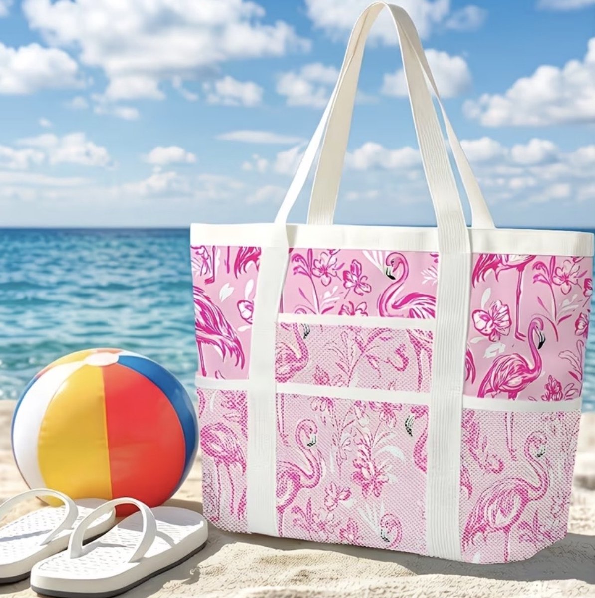Twenty Two Grote strandtas voor dames | met opbergvakken van gaas | Flamingo patroon | XL strandtas |56x18x34| Tote Bag | waterdicht | lichtgewicht | geschikt als strandtas, weekendtas, zwemtas, big shopper