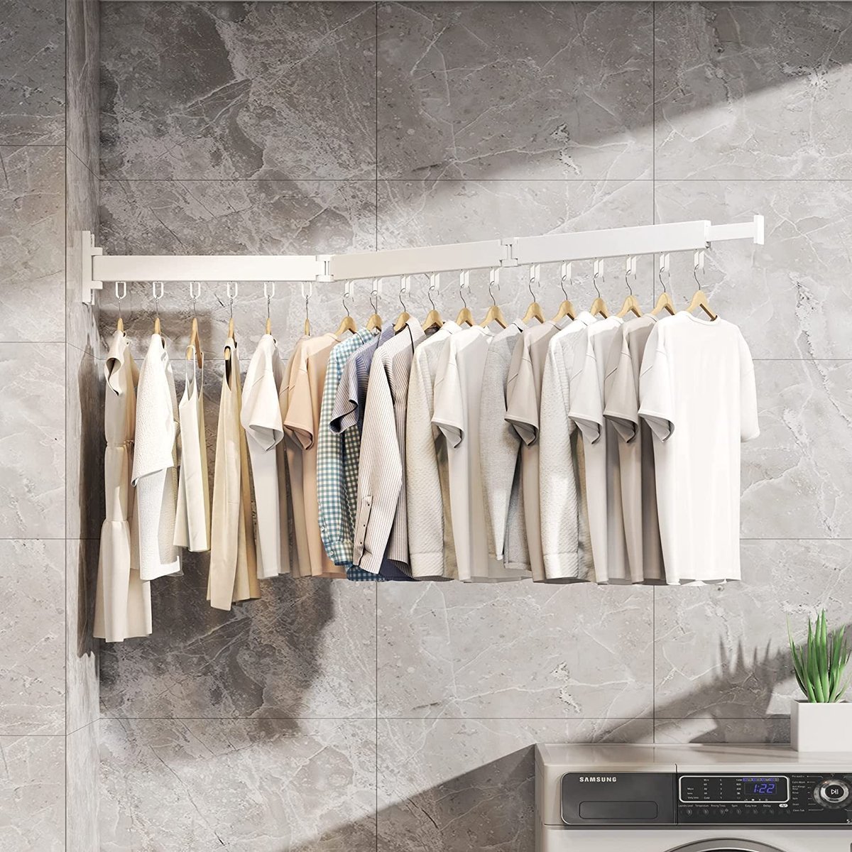 Dailygoods - Droogrek voor kleding - Ruimtebesparend intrekbaar - Wit - Opvouwbaar kledingrek - Geschikt voor balkon, wasserij, badkamer