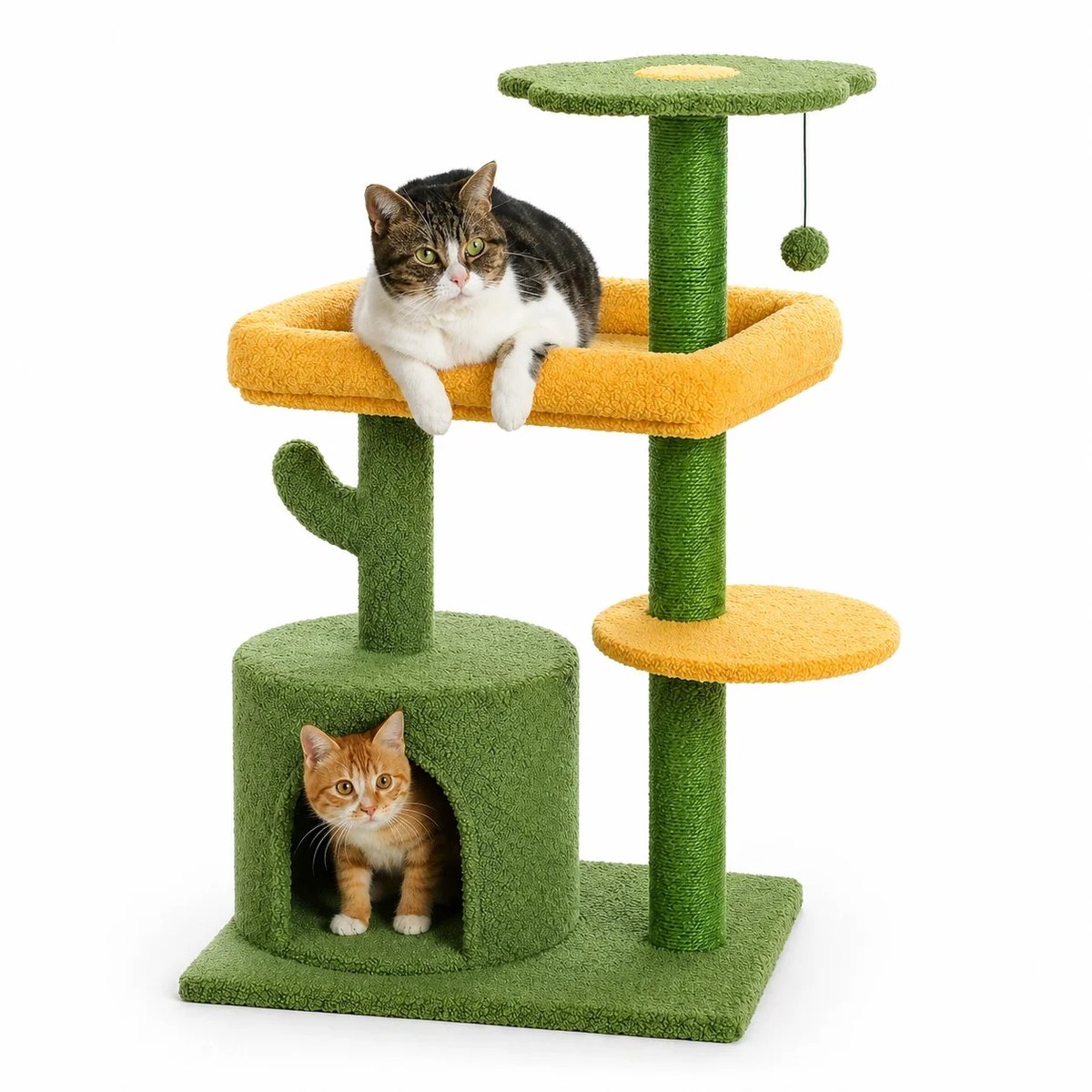 NordPaw® Cactus Krabpaal Kat 94 cm - Kattenkrabpaal met Kattenhuis en Ligbed - Krabmeubel met Sisal Krabpaal en Speelbal - Compacte Kattenboom voor Binnenkatten - Groen