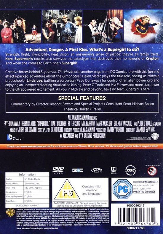 Achterkant van de Supergirl dvd met filmdetails, cast en special features.