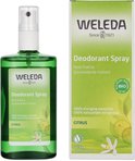 Weleda Citrus Deodorant Spray met groene fles en kartonnen verpakking. Met citroenschijfjes en bloesemillustraties. "100% natuurlijke oorsprong".