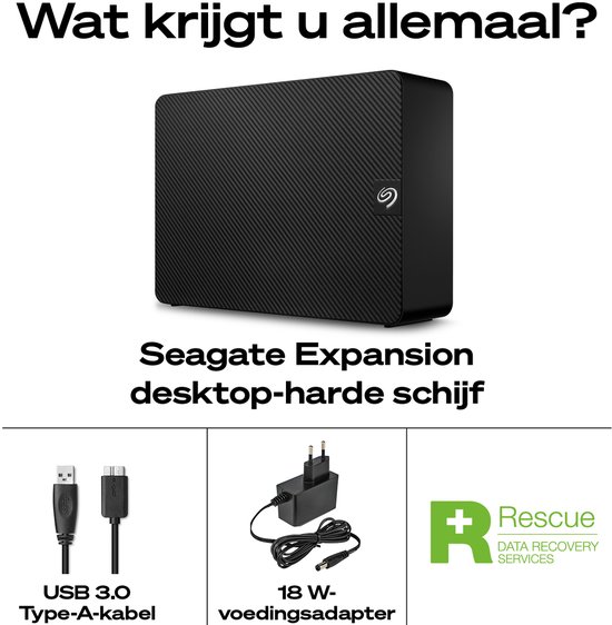 Disque dur de bureau Seagate Expansion noir avec câble USB 3.0 et adaptateur 18W.