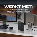 Disque dur externe noir sur un bureau. Fonctionne avec Windows 10+ et Mac OS X 10.12+.