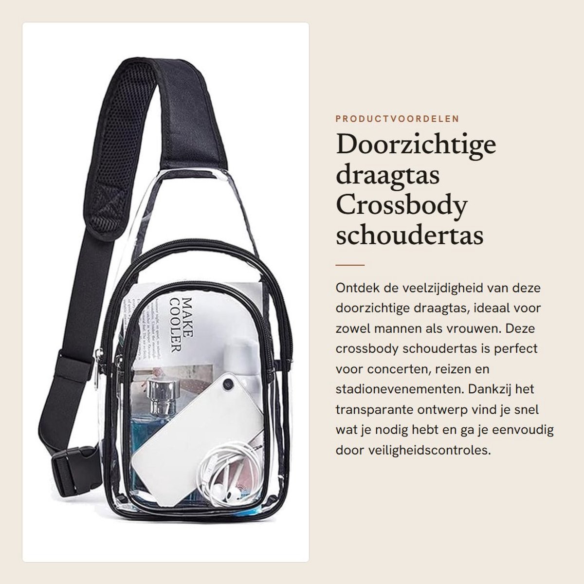 Dailygoods- Draagtas Doorzichtig - Crossbody Tas - Verstelbare Riem - Waterdichte Borsttas - Kleine Tas - Afmetingen 17x9x27 cm