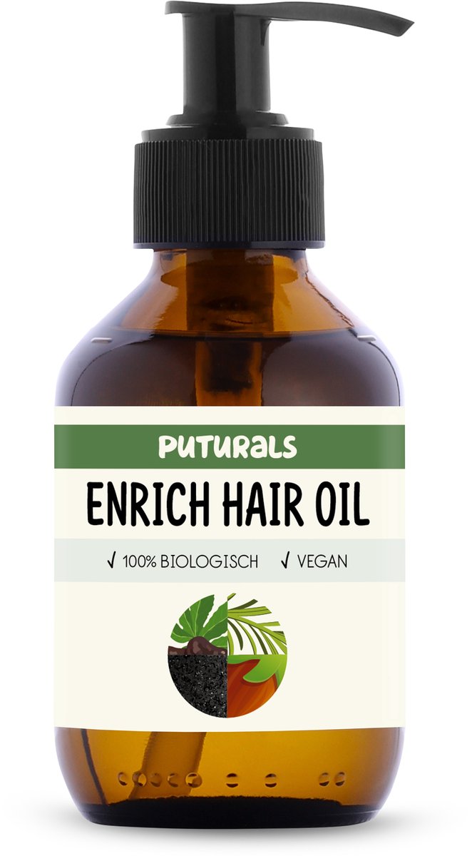 Puturals Haarolie 100% Natuurlijk - Enrich Hair & Scalp Oil - 150ml - Blend van Castorolie, Jojoba Olie, Rozemarijn Olie en Black Seed Oil - Geschikt als Scalp Oil, Hoofdhuid Olie en Haargroei Olie - Buine Glazen Fles + Pomp
