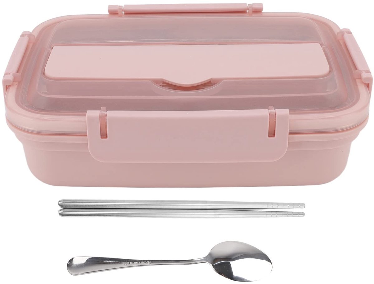 Dailygoods- Lunchbox Roestvrij Staal - 3 Compartimenten - Lekvrij - Draagbare Voedselcontainer - Inclusief Lepel/Eetstokjes - Voor Kantoor/School/Camping - Bentobox