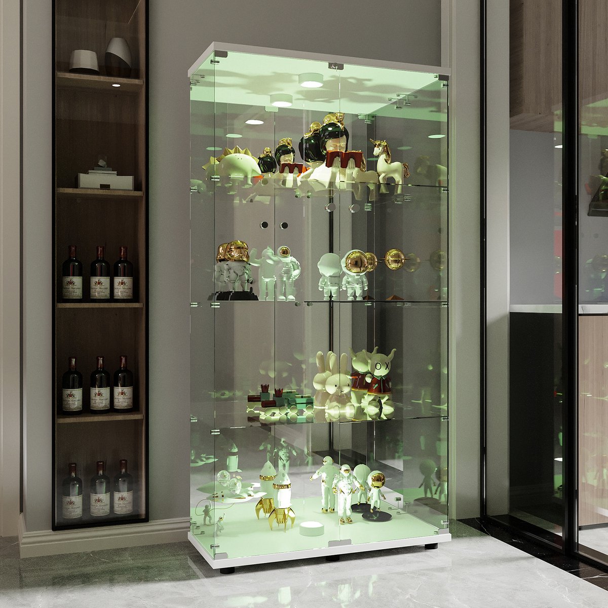 Vitrinekast met LED-verlichting – glazen vitrinekast met 2 deuren en slot – 4 planken display kast van gehard glas – wit vitrinekast voor verzamelobjecten, figurines en decoratie