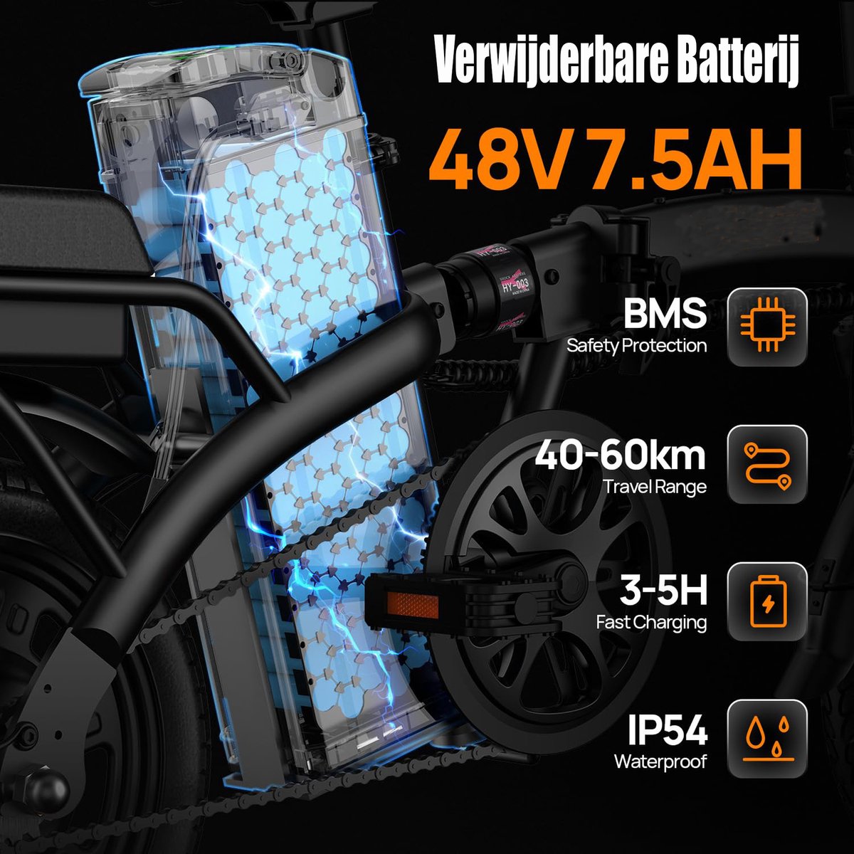 Qekud F1L Elektrische Vouwfiets - 14" E-Bike met Dubbele Vering - 250W Motor - 48V 7.5Ah Uitneembare Accu - Schijfremmen - Comfortabele Stadsfiets thumbnail 5