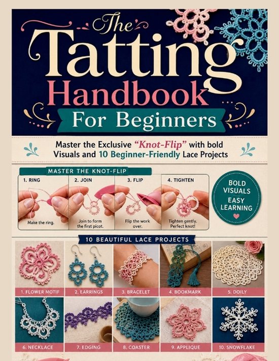 Boek "The Tatting Handbook For Beginners" met afbeeldingen van 10 kanten projecten: bloem, oorbellen, armband, bladwijzer, kleedje, ketting, rand, onderzetter, applicatie en sneeuwvlok. Instructies voor de "Knot-Flip" techniek.