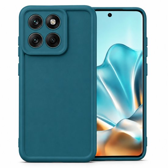 Petrol blauw telefoonhoesje naast de telefoon, met een matte afwerking.