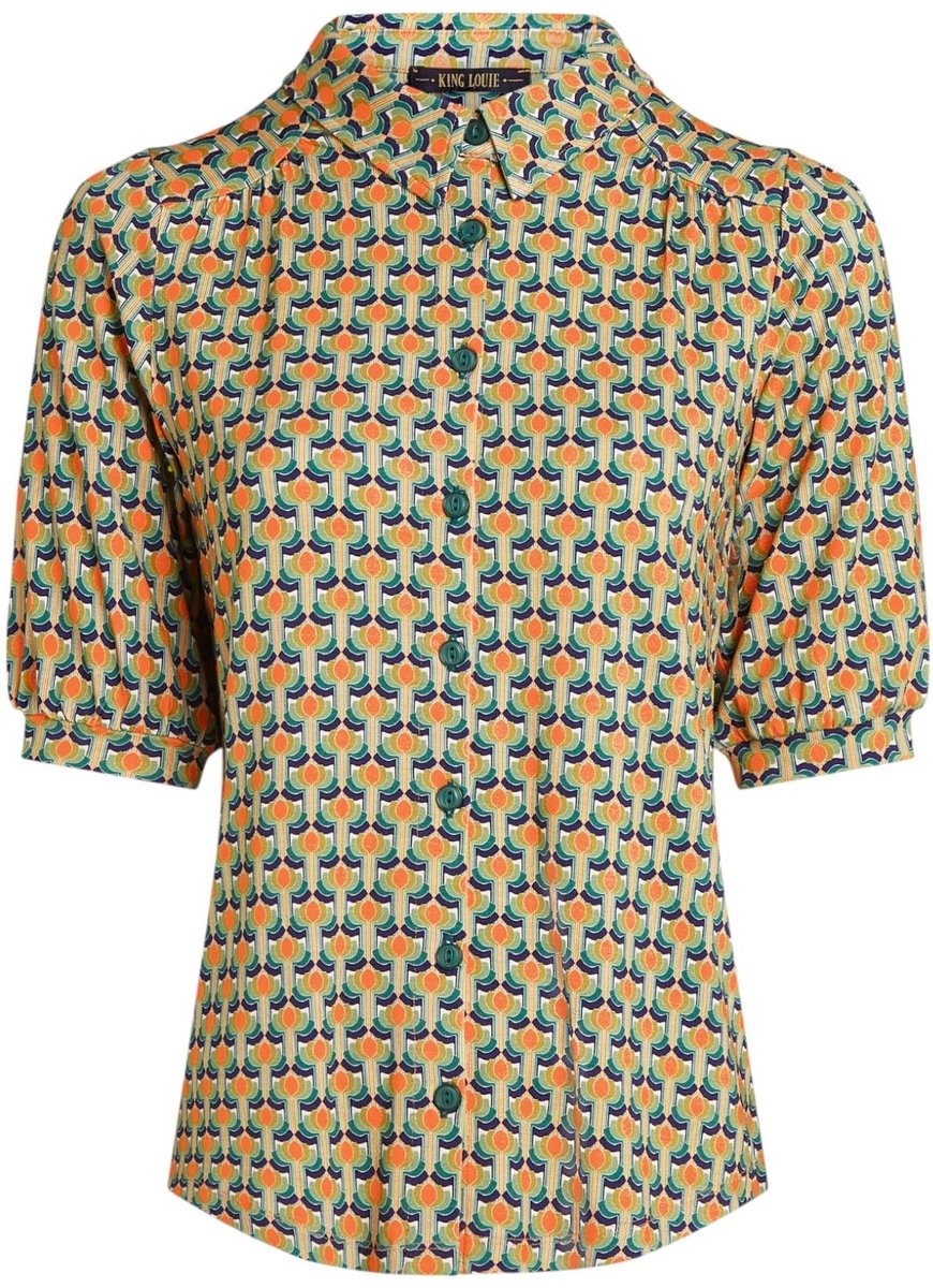Dailygoods- Damesblouse Duurzaam - Korte Mouwen - Plooien - Zachte Jersey - Grafische Print - Comfortabel Draagcomfort - Blouse