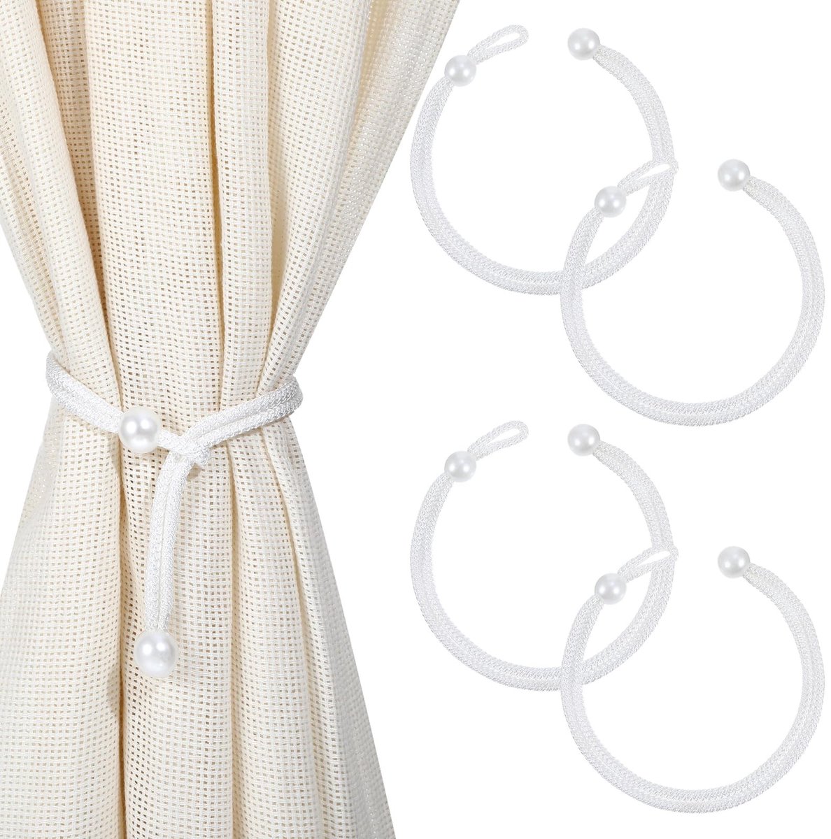Dailygoods- Parelgordijnen 4 Stuks - Verstelbare Gordijnhouders - Wit - Hoogwaardig Polyester - Eenvoudige Bevestiging - Elegante Touch - Gordijnclip
