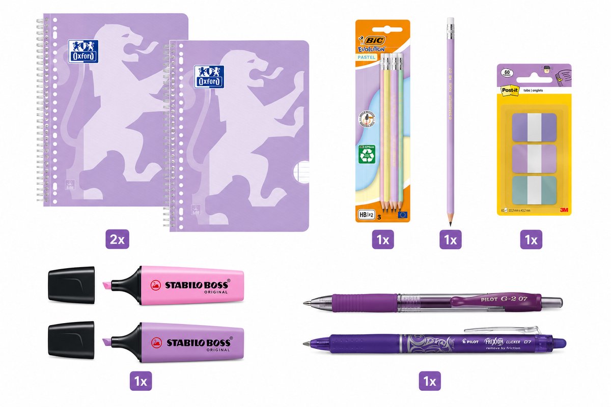 Back to School - Schoolset - Collegeblok A4+, Pennen, Markeerstiften & Indextabs - Scholieren en Studenten - Pastel Paars