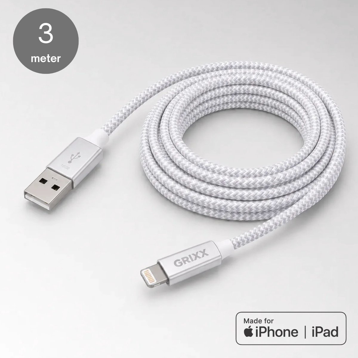 Lightning naar USB-A kabel - Grixx - MFi - 3 meter - Wit