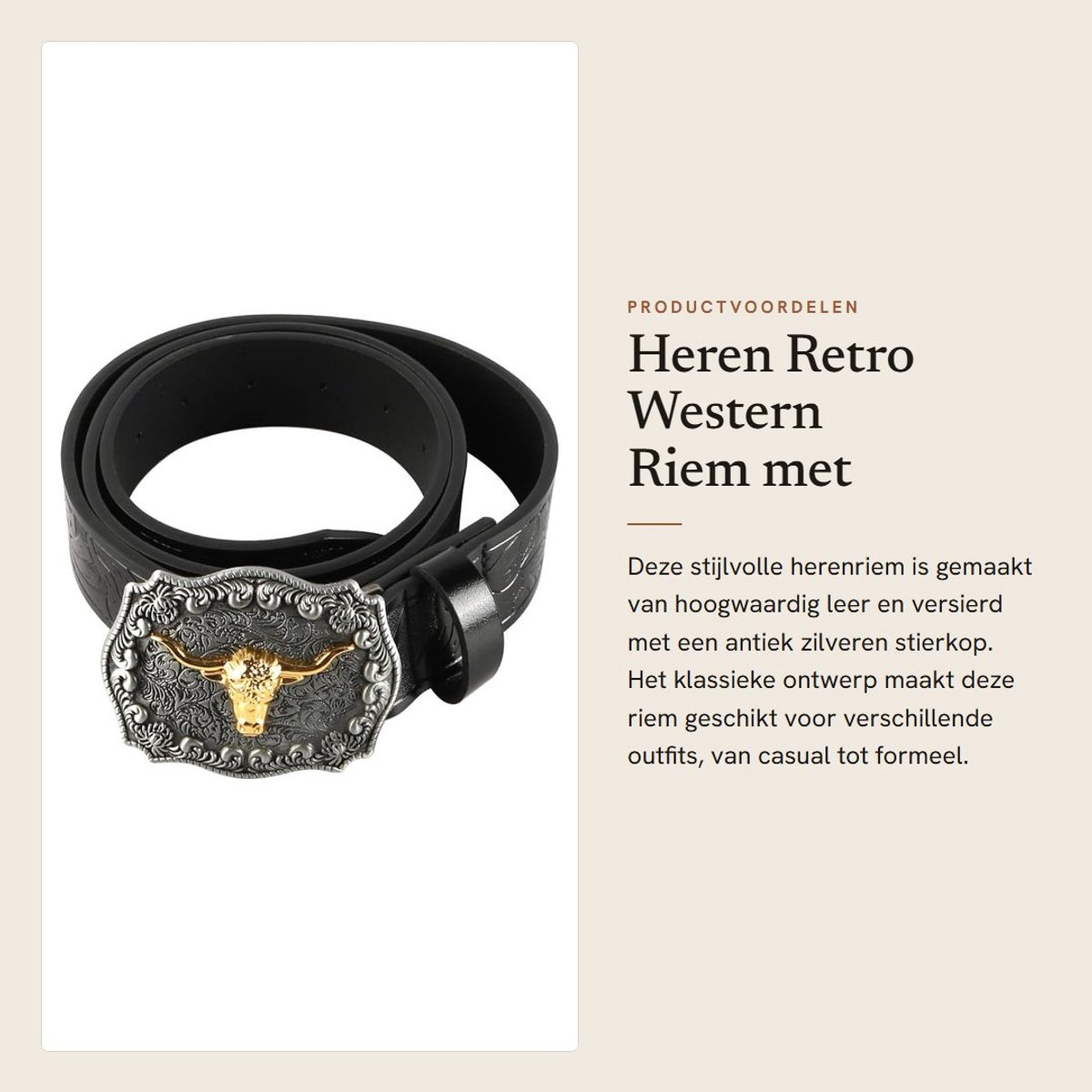 Dailygoods- Cowboy Riem Heren - Retro Riem - Antiek Zilveren Stierkop - Leer - 120 cm - Reliëfbloemenpatronen - Westernriem