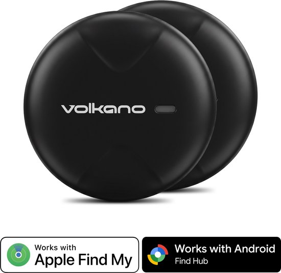 Twee zwarte Volkano trackers op een witte achtergrond met logo's voor Apple Find My en Android Find Hub.