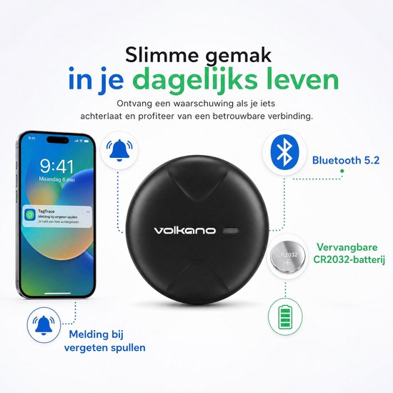Zwarte, ronde Volkano tracker met logo. Links toont een smartphone een melding van de "TagTrace" app. Rechts iconen voor "Bluetooth 5.2" en een vervangbare "CR2032" batterij.