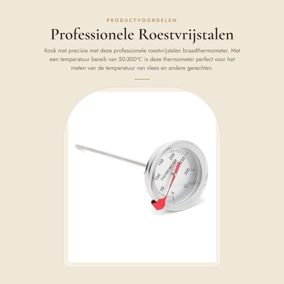Dailygoods- Braadthermometer Professioneel - Roestvrij Staal - 30 cm - Wijzerplaat 5 cm - Temperatuurbereik 50-300℃ - Corrosiebestendig - Frituurthermometer