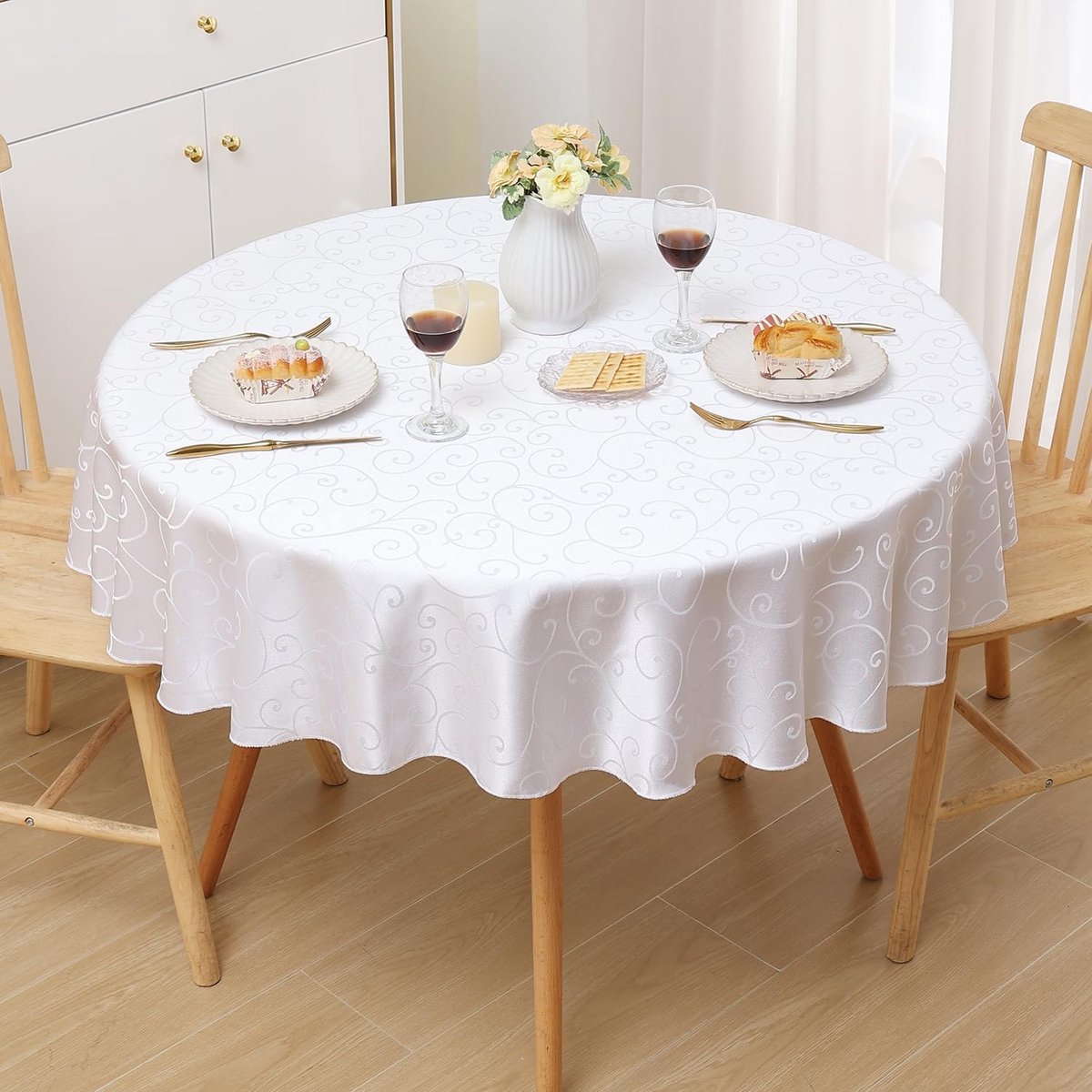 PromoHome Tafelkleed Rond 140 cm - Afwasbaar Polyester Tafelzeil - Wit - Vuilafstotend & Onderhoudsvriendelijk