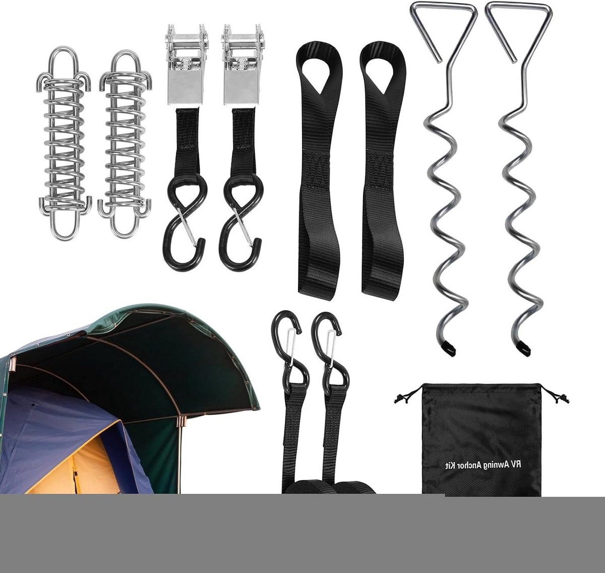 Luifel Tie Down Kit - Tent Verankeringsset - Stabiliteit Buiten - Gereedschapsvrije Installatie - 40 x 8cm - Zwart