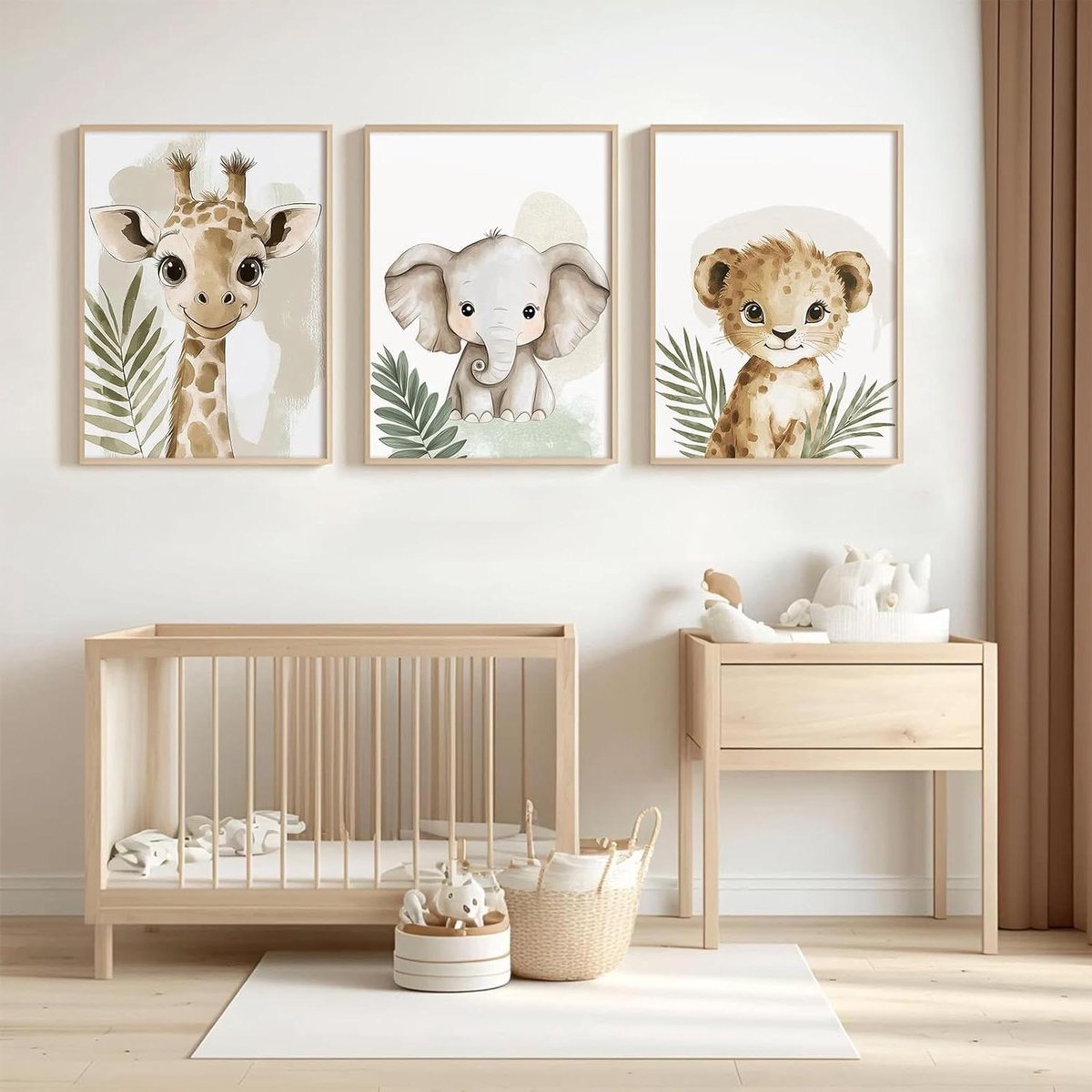 Posterset Kinderkamer - Wanddecoratie Dieren - Babykamer Aankleden - Set van 3 Prints - 21 x 30 cm - Beige Groen