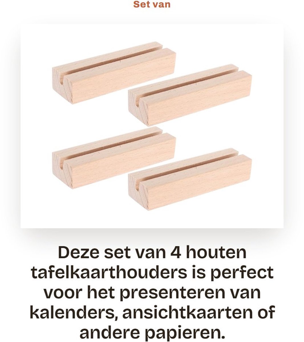 Dailygoods- Tafelkaarthouder 4 Stuks - Houten Standaard - Sleufbreedte 5 mm - 10 x 3 x 2 cm - Robuust Ontwerp - Rustieke Elegant - Kalenderhouder