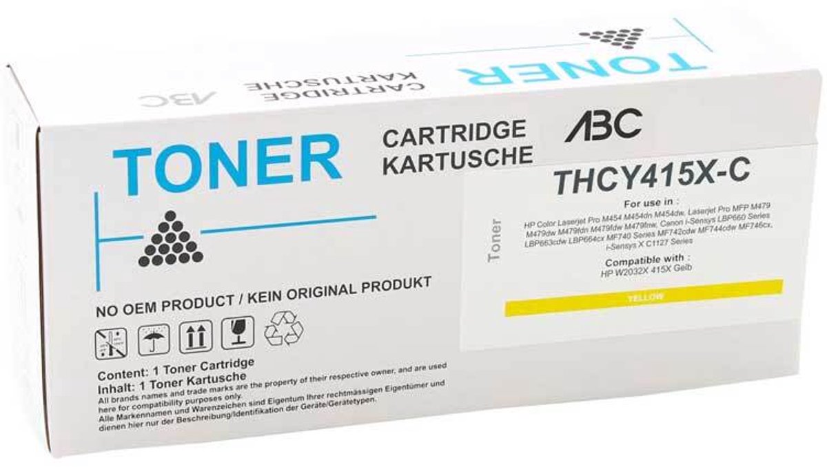 Image of ABC huismerk toner geschikt voor HP 415X W2032X geel (MET CHIP) voor HP Color Laserjet Pro M454 Series Color Laserjet M454dn M454dw MFP M479 M479dw M479fdn M479fdw M479fnw